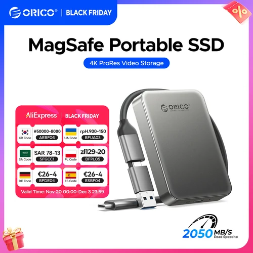 ORICO SSD externo magnético para iPhone 16 15 Pro/Max ProRes 4K ProRes HDR Record and Store Unidad de estado sólido portátil de 2000 MB/s