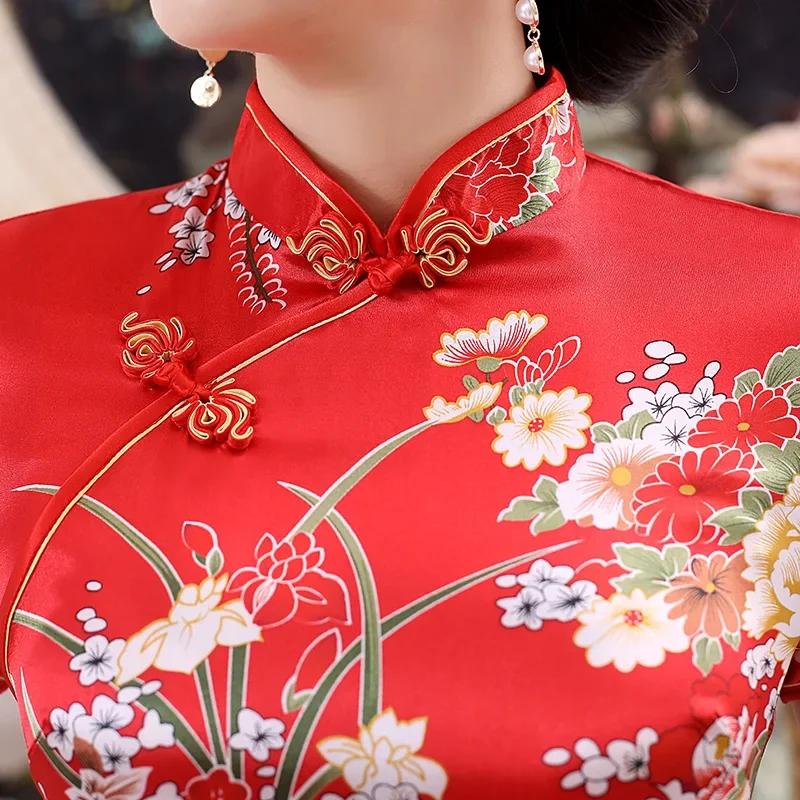 Lady Long Qipao Satin Vestidos Improved New Chinese Style Dress Sexy Red Flower Print Cheongsams Elegant China Dress Costume