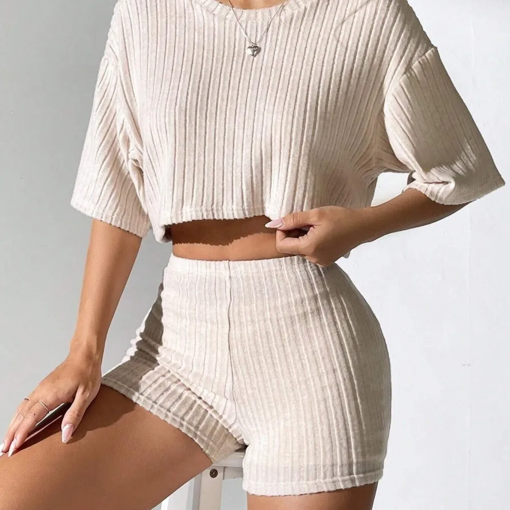 Casual Ribbed Two Piece Set Summer Womens Short Sleeve Tee Shirt And Shorts Suit Elegant Streetwear Trendy Matching Clothes