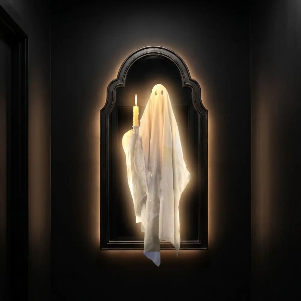 Creepy Light Up Ghost Wall Mirror Glowing Ghost Shaped LED Mirror Decor Wall Hanging Ambient Lamp Halloween Wall Decor Bedroom