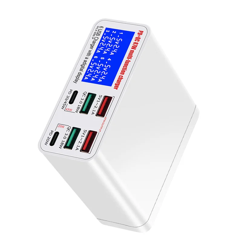 Dual QC3.0 Type-C USB Charger with LCD Display 6 Ports Dual PD Fast Charger Smart Fast Charge for Smart Mobile Phones Tablet PC