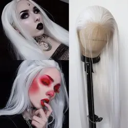 Long Straight Lace Front Wigs Platinum White Natural Heat Resistant Synthetic Hair Half Hand Tied Wigs for Cosplay Daily Wear