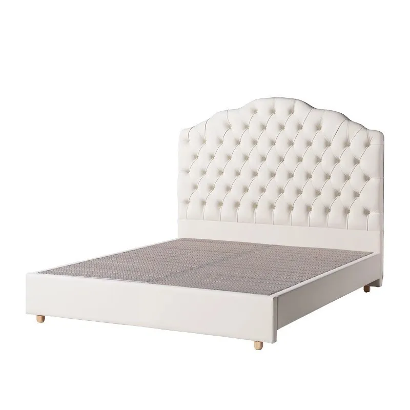 

French retro leather bed master bedroom Italian minimalist double pull buckle flush edge solid wood leather