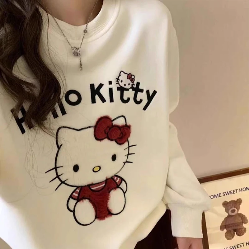 Sanrio Hello Kitty Trendy Ins Fashion Felpa con cappuccio a maniche lunghe stampata Allentata calda non pilling Top autunno e inverno da donna