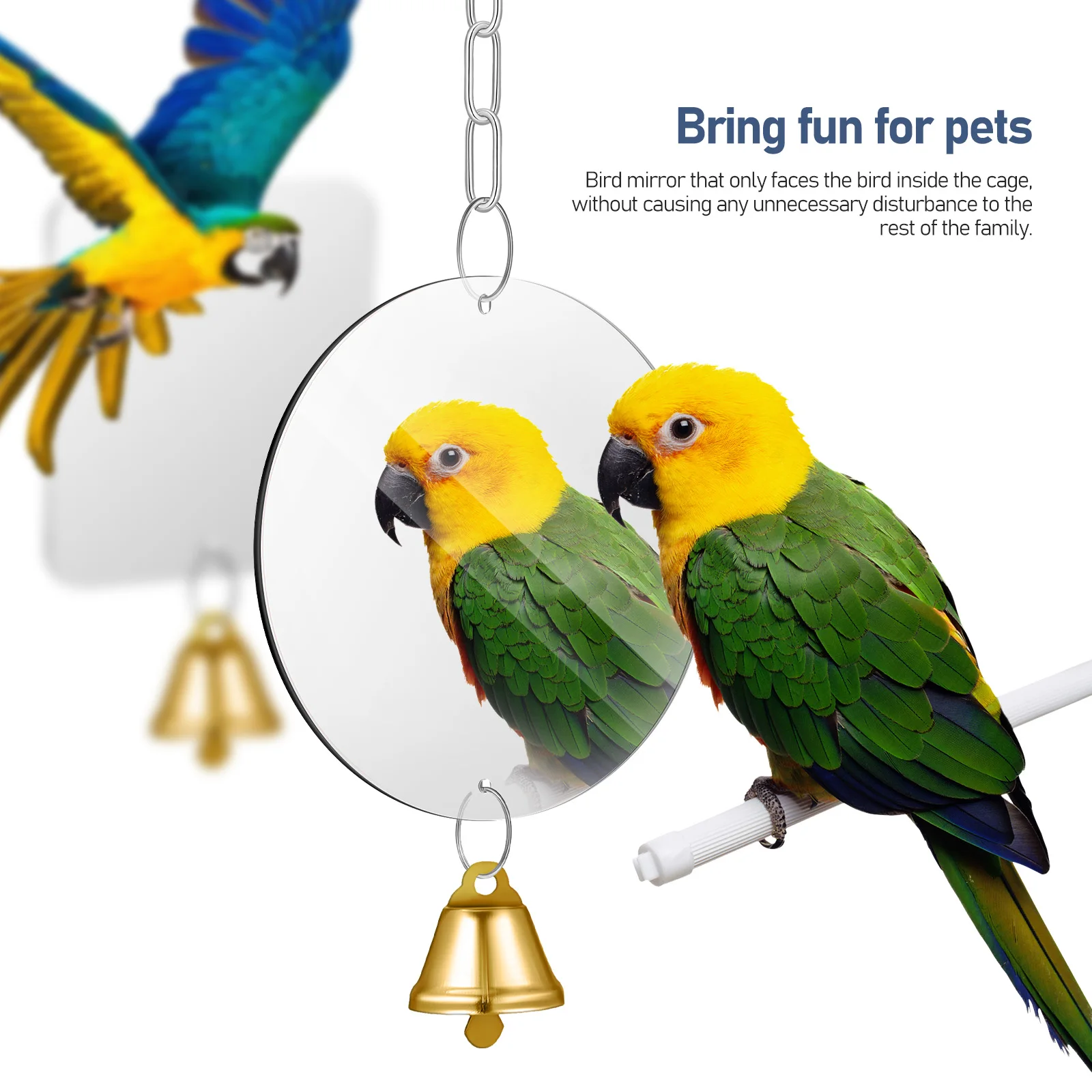 

TOBBOMEY 2Pcs Bird Mirror Toy for Parrot Swing Hanging Cage Bell Interactive Pet Play Accessory