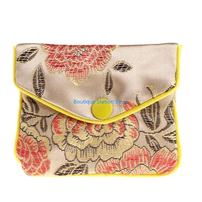 

Y55F Silk Brocade Jewelry Roll Wrap Gift Bags Coin Purse Embroidered Candy Bag