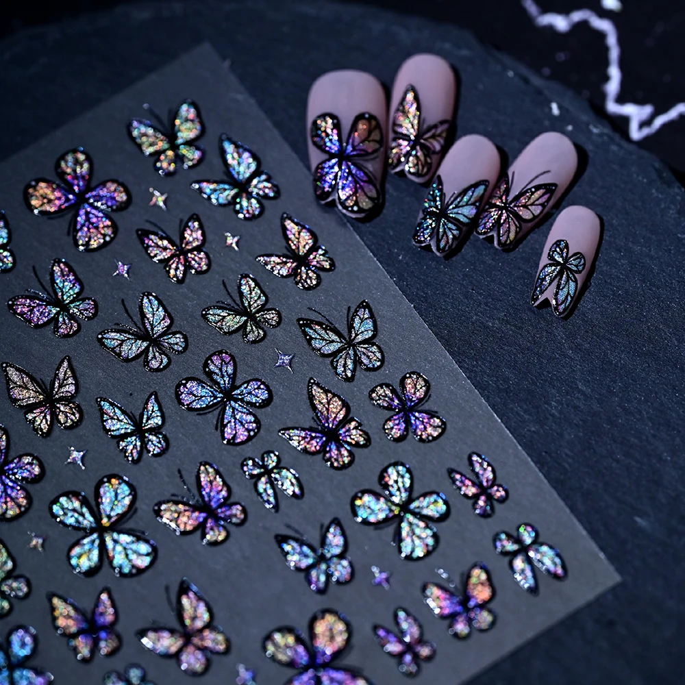 1 Stück 5D Traumhafte Laser-Glitzer-Schmetterling-Nagelaufkleber Glänzende Holographische Blaue Schmetterling-Nagelsticker Selbstklebende Maniküre-Zubehör – Detail 8
