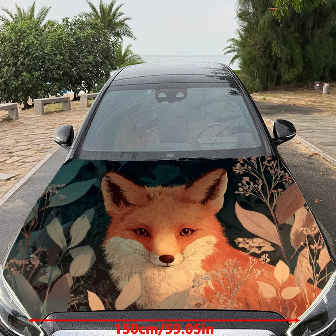 Car Decals Red Fox Surrounded by Floral Elements Car Hood Sticker, Waterproof Self - Adhesive Vinyl Graphics Decals, Decorative