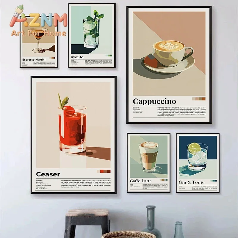 AZNM Retro Drink Cocktail Canvas Wall Art, Coffee and Beverage Illustration Print, Decor for Kitchen, Bar, Cafe and Dining Area