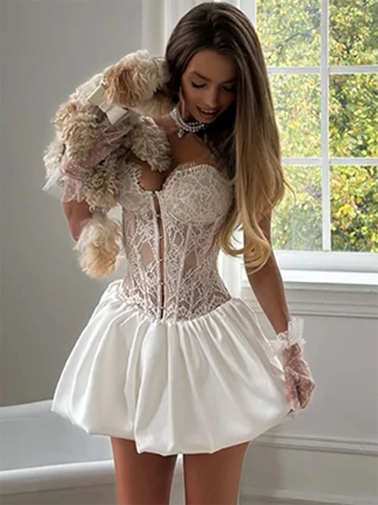 Abito Sexy con Corsetto in Pizzo, Vestito Senza Maniche con Spalle Scoperte, Vita Alta, Aderente, Mini Abito da Sera per Donna 2026