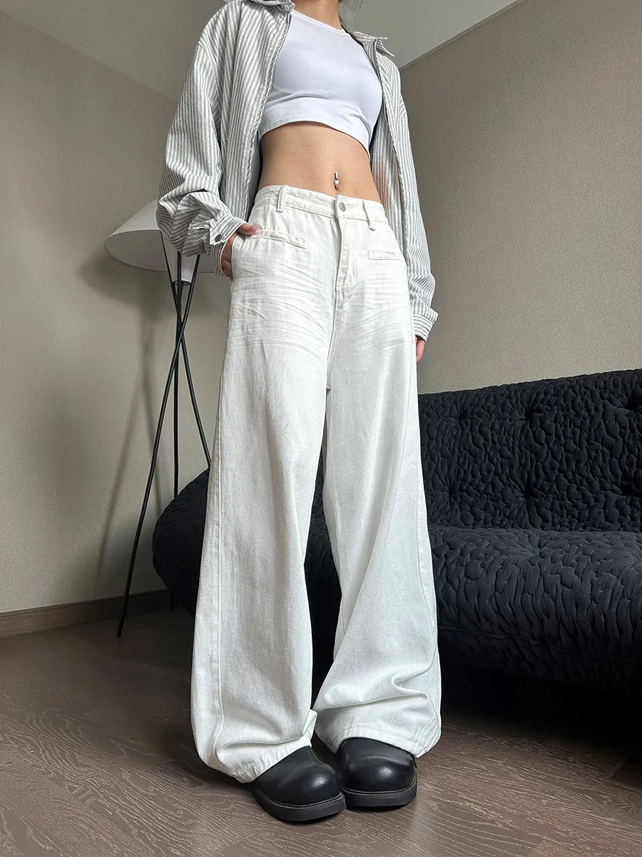 Calças Jeans Brancas Plissadas Estilo Americano Unissex com Design Moderno e Sensação 3D de Arranhões de Gato, Corte Solto e ...