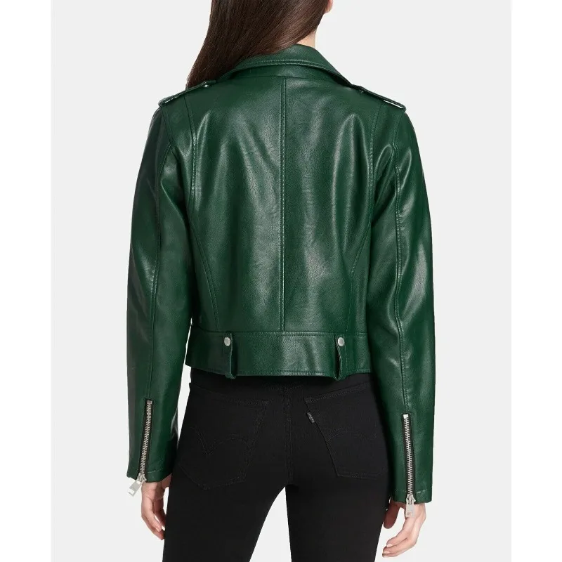 Pure Sheepskin Green Leather Jacket European and American Fashion Trend