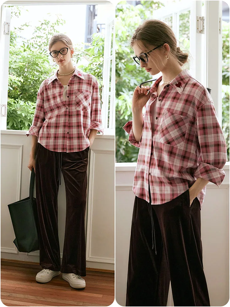 

OLrain свободные клетчатые рубашки женские повседневные простая блузка с длинными рукавами и лацканами с вышивкой осень 2025 новая женская одежда M56QC93263