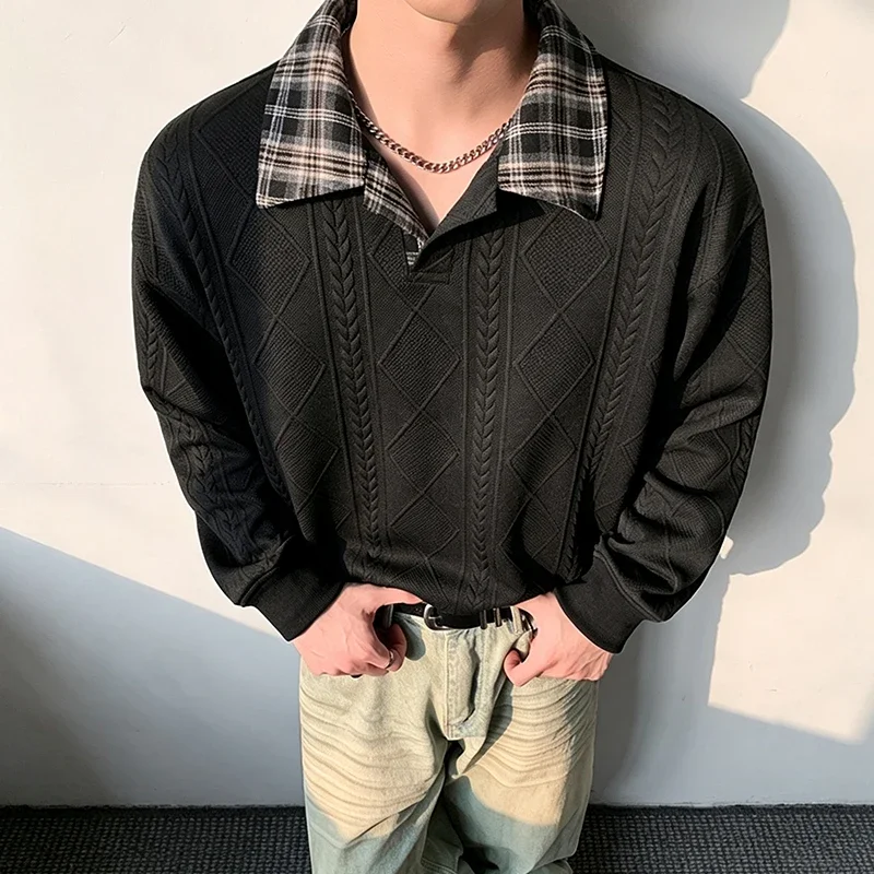 Mens Plaid Lapel Polo Sweatshirt Long Sleeve Diamond Cable Jacquard Knit Loose Fit Soft Casual Autumn Top
