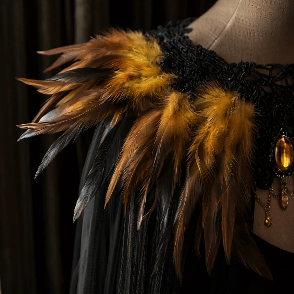 Black Halloween Feather Cloak Elegant Mesh Fringe Hollow Lace Mesh Cape Fur Collar Flowing Festival Costume Cape