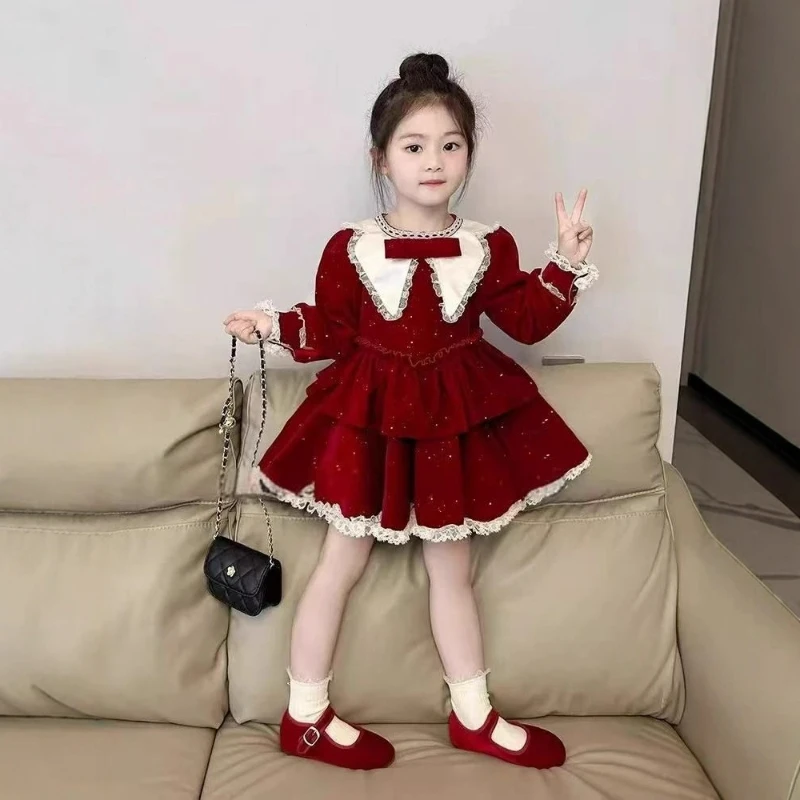 Trendiges Mädchen-Prinzessinnenkleid im koreanischen Stil, Herbst und Winter warm, Partykleid für Mädchen zum Neujahr, kurzes Geburtstagskleid