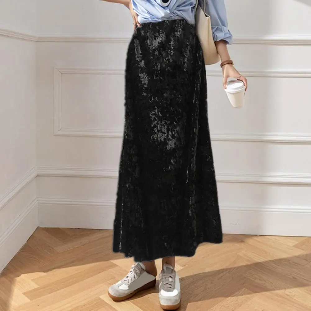 

Women Fishtail Skirt Elastic High Waist A-Line Mid-calf Length Skirt Solid Color Velvet Large Hem Skirt Daily Wear