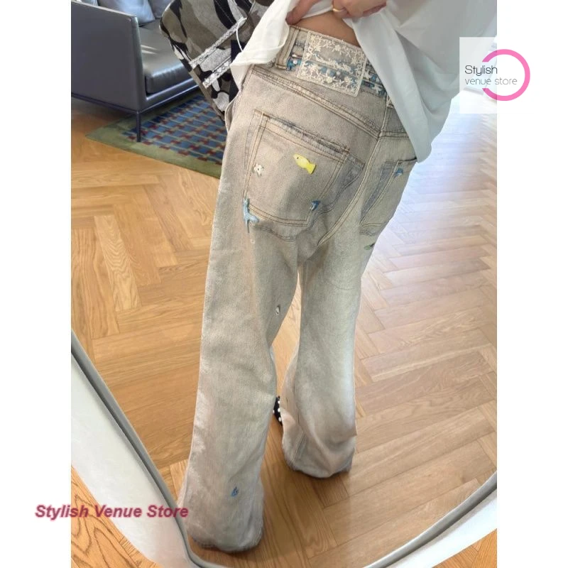 American fashion design prints jeans women's summer new temperament high waist loose slim drape casual wide-leg mop pants.