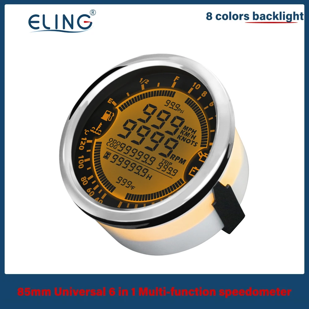 ELING 85mm 6in1 Multi-functional GPS Speedometer Tachometer Water Temp Fuel Level Oil Pressure 0-5Bar 0-10Bar Volt 12V 24V