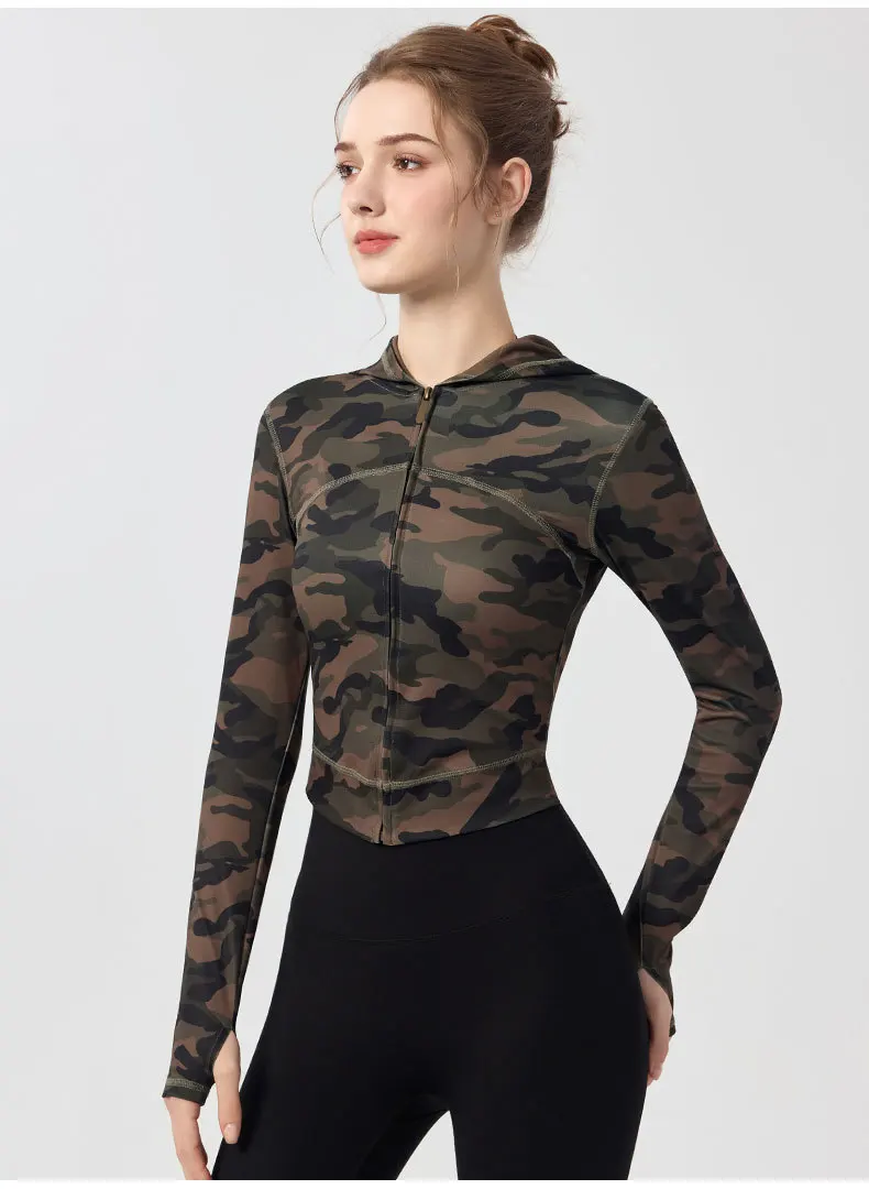 JHJN veste de sport pour femmes manches longues en plein air course Fitness hauts impression personnalisée imprimé léopard Yoga à capuche