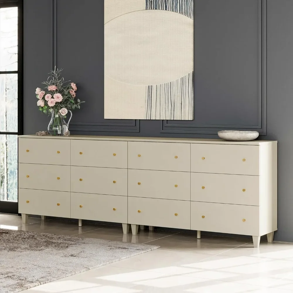 12 Drawers Dresser, 2-in-1 Modern Beige Wood Closet Storage Organizer Furniture with Gold Knobs & Solid Legs, Dresser