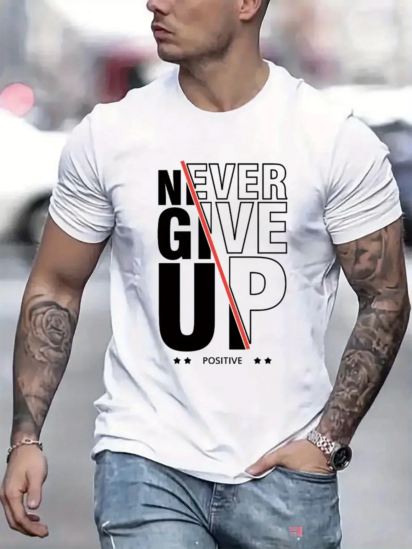Motivational Never Give Up Print on Premium 100% Cotton Mens T shirt Perfect for Summer Gym Days and Casual Streetwear