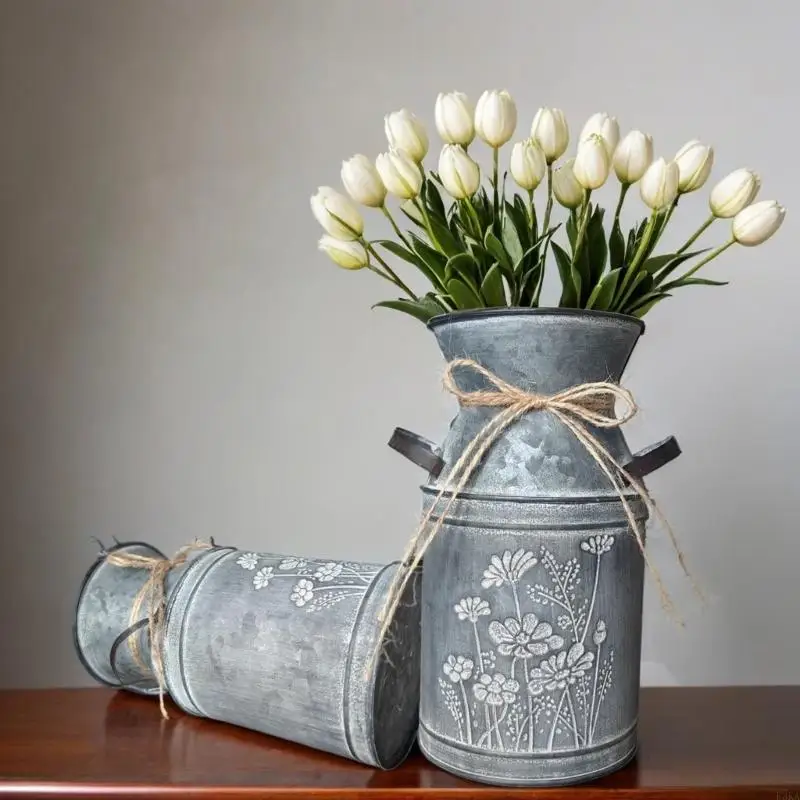   Antique Farmhouse Milk Can Decorative Galvanized Metal Vases for Home Display
