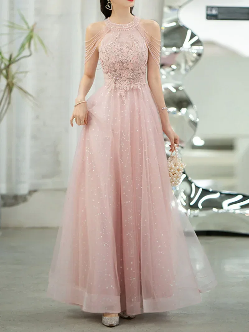 Pink Halter Collar Evening Dress Female Fairy Skirt Explosion Style Temperament High-End Sense Banquet Bridesmaid Dresses