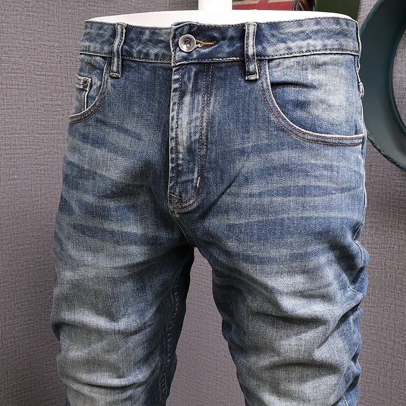 Italian Style Fashion Men Jeans Retro Blue High Quality Elastic Slim Fit Vintage Jeans Men Stretch Casual Designer Pants Hombre