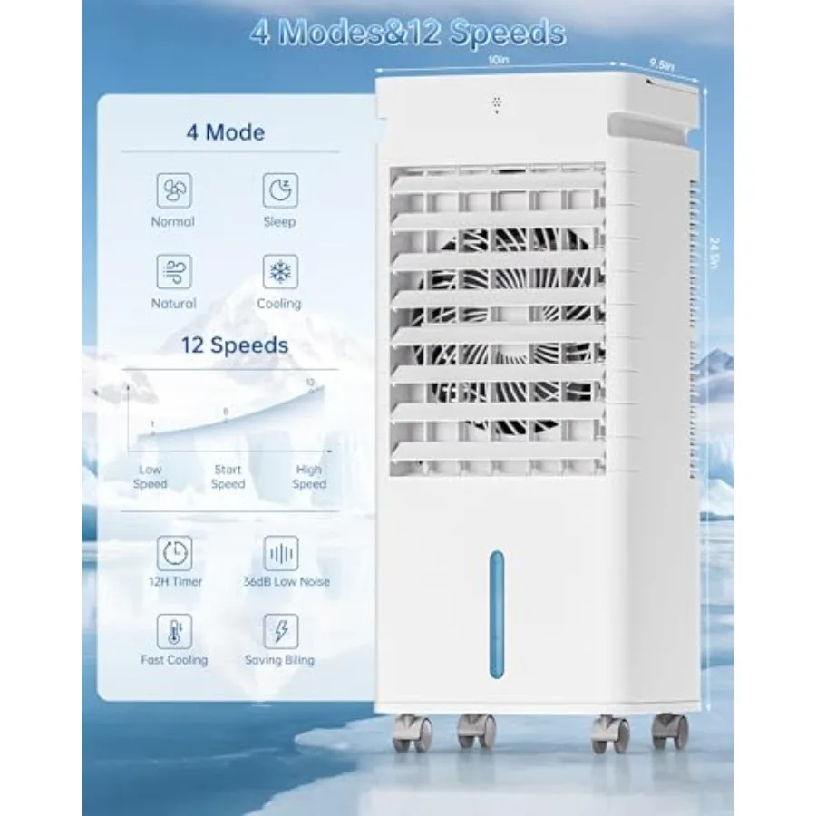 Portable air conditioner for bedroom and garage use, white evaporative cooler with 5L tank, 12 speeds, 9H timer, remote control