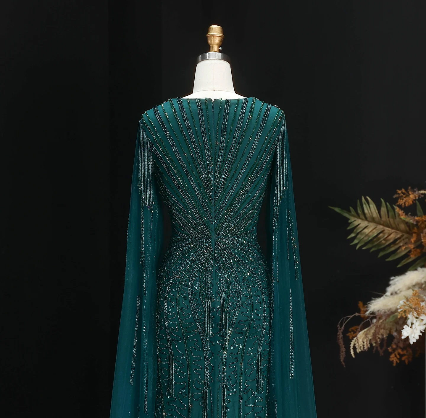 Sharon Said Dubai Luxuriöses Champagner-Meerjungfrauenkleid mit Cape-Ärmeln für Damen, Hochzeitsfeier, Ballkleider SS024, Maßanfertigung – Detail 19