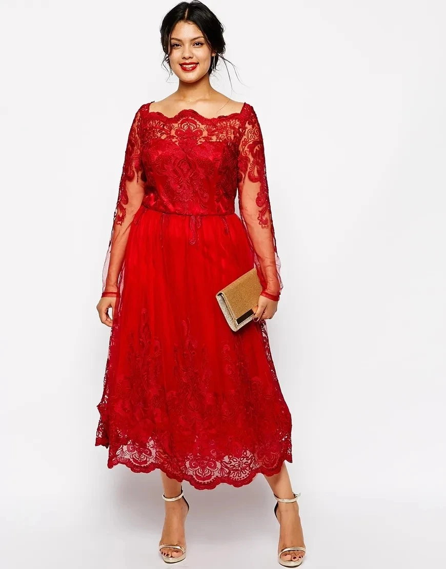 Red Full Lace Plus Size Formal Dresses Sheer Bateau Long Sleeve Evening Gowns Tea Length A-Line Mother Of The Bride