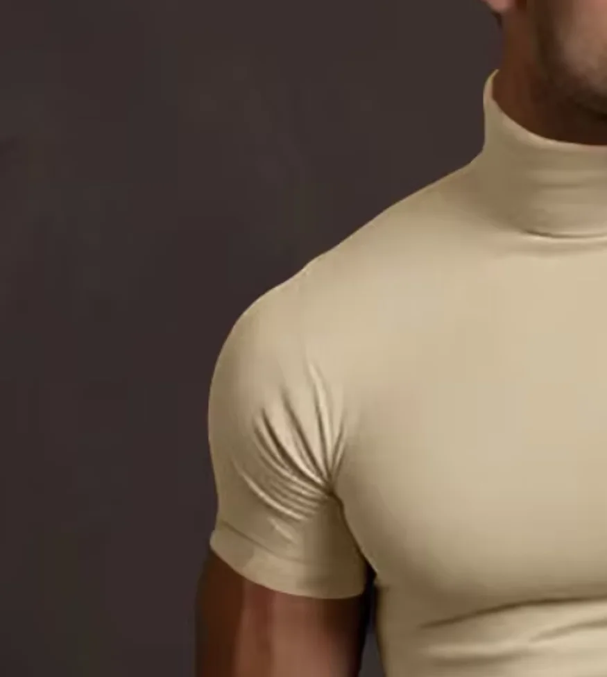 Summer casual Men's T-shirt Solid Color Half High Collar Short Sleeve Pullover Tight sport Elastic tops  T-shirt