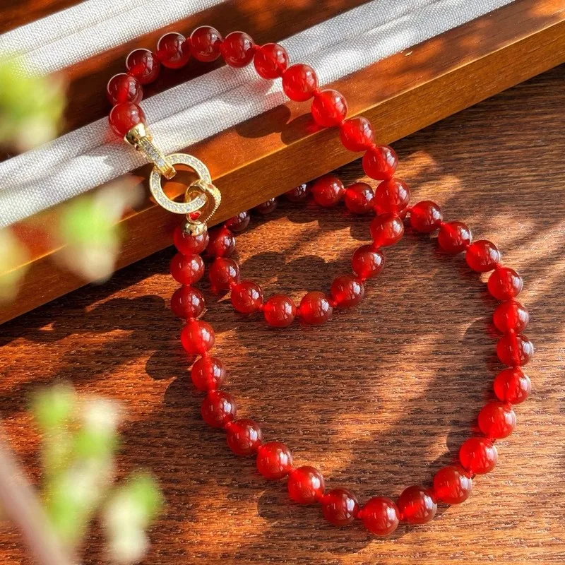 Minimalist 8mm pigeon blood red natural carnelian necklace each bead is individually knotted