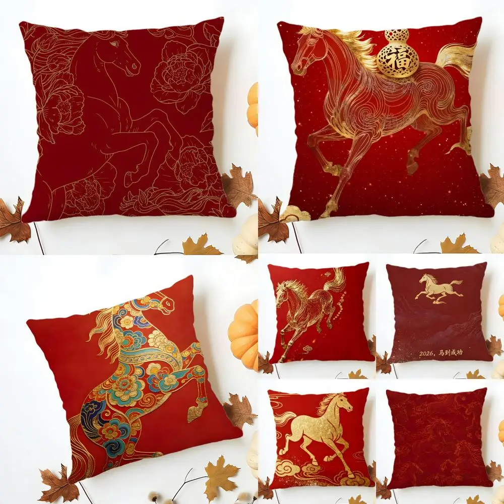 Vivid Red Vigorous Bold Tension Red Horse Cushion Cover Sofa Home Decor Living Room Accessory Holiday House Cushion Shell