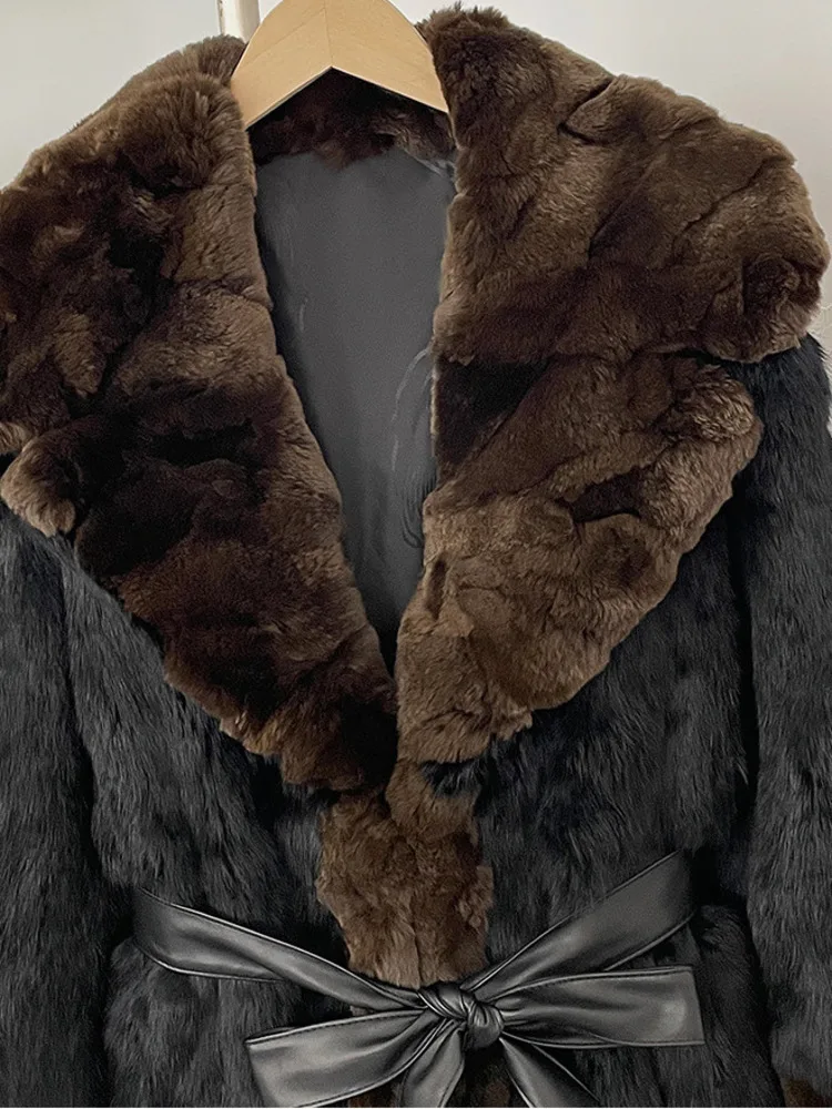 ZMEENNA Women's Luxurious Long Black Faux Fur Coat With Brown Trim And Belt Elegant Warm Winter Outerwear Jacket Classic ZM3413