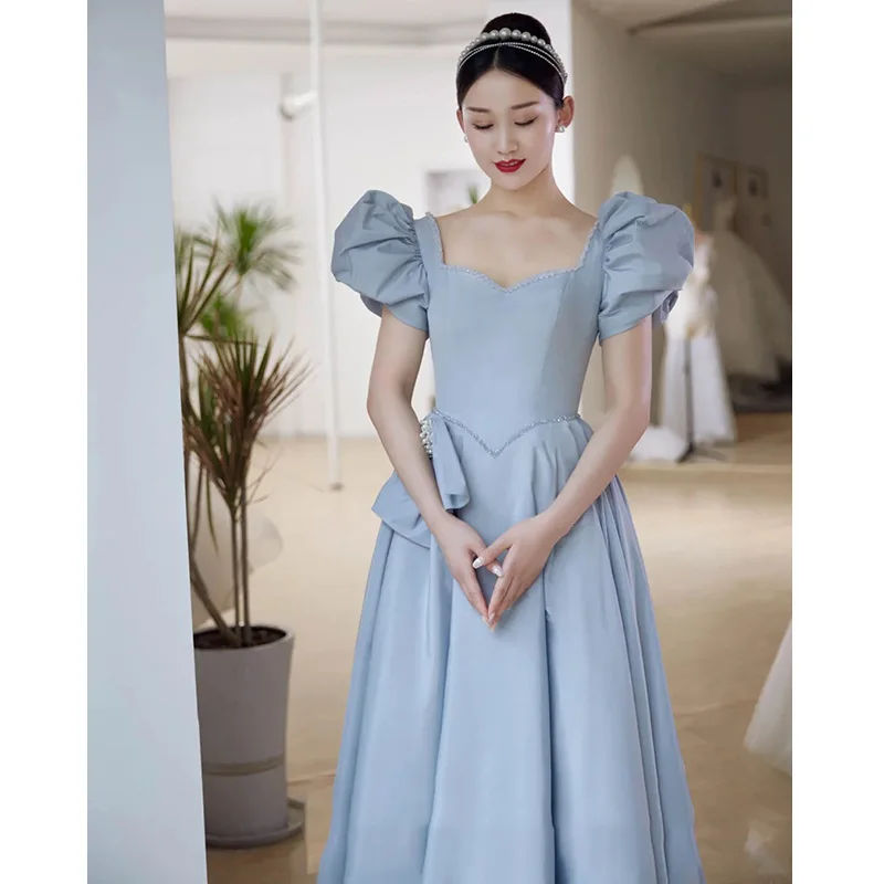 Blue Princess Prom Dress Sweet Puff Sleeves Pearl Bow Backless Floor Length Evening Dress For Elegant Lady 2022 New