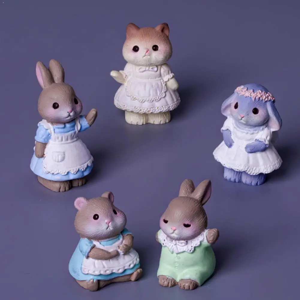 5/10PCS Retro Cottage Bunny Figurines Cute Apron Rabbit Cat Mouse Animal Resin Craft Diy Garden Craft Accessory Easter Decor