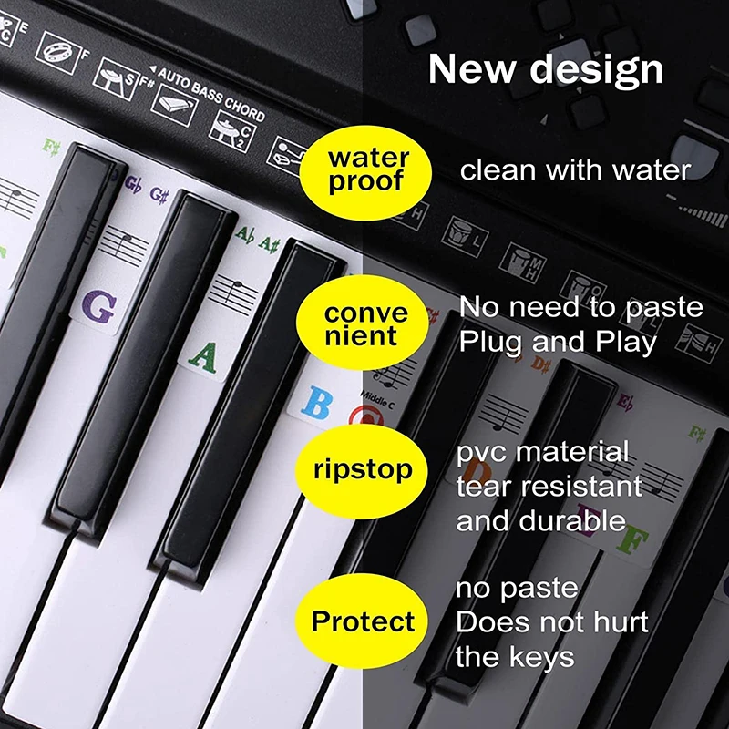 61/88 Color Transparent Piano Keyboard Stickers Electronic Keyboard Key Piano Stave Note Sticker Symbol for White Keys