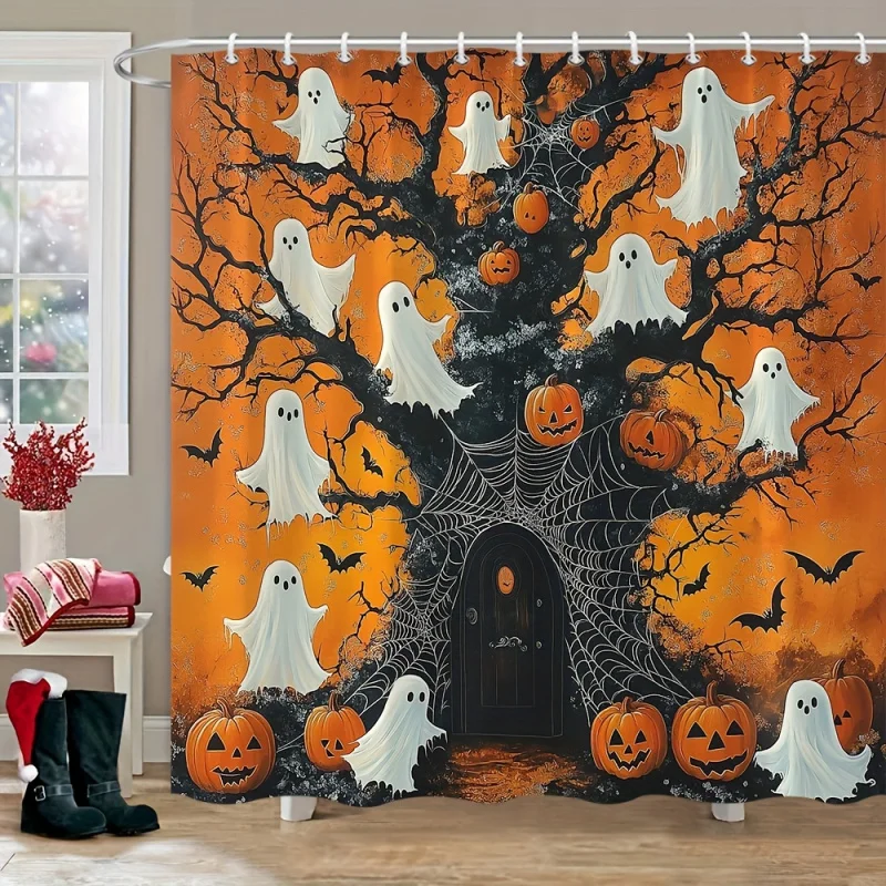 Halloween Harvest Theme Ghost Pumpkin Spider Web Bat Tree Shower Curtain with Hooks, Polyester Fabric, Cartoon Style, Washable,