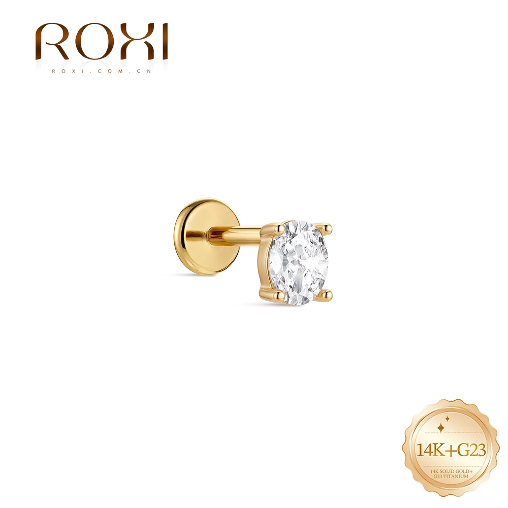 ROXI 1PC 14K Solid Gold Classic Minimalist Oval CZ Tragus Piercing Stud Ins Trend Daily Occasion Ear Jewelry