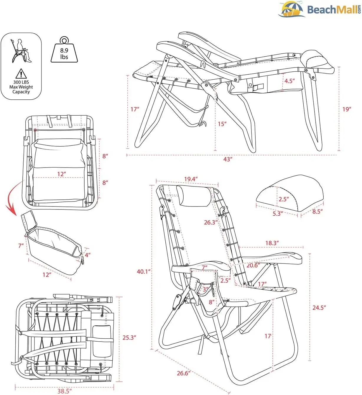 Heavy Duty High Seat Aluminum Folding Backpack Beach Chair for Adults | Lay Flat, 5 Reclining Positions | Removable Insulated Co