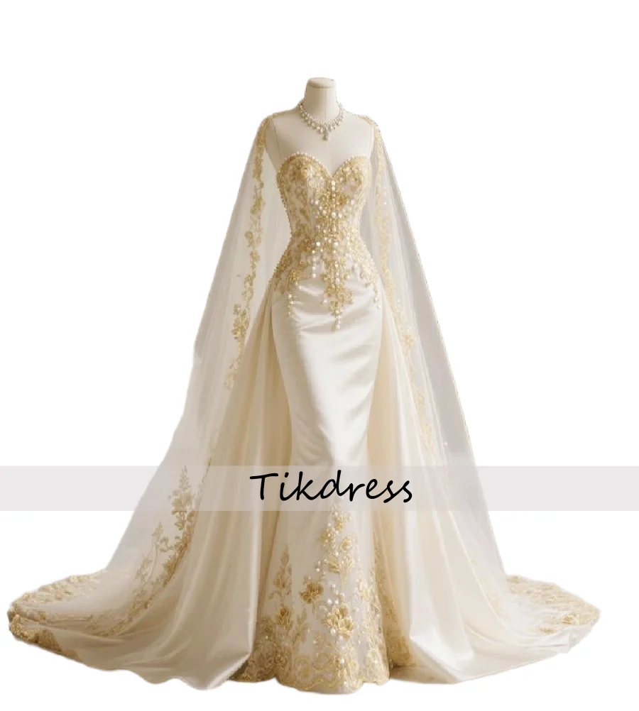 Vestido de novia de sirena encantado con encaje dorado, sobrefalda de perlas elegante, vestidos de novia 2026, novia de Castillo de satén suave con escote corazón