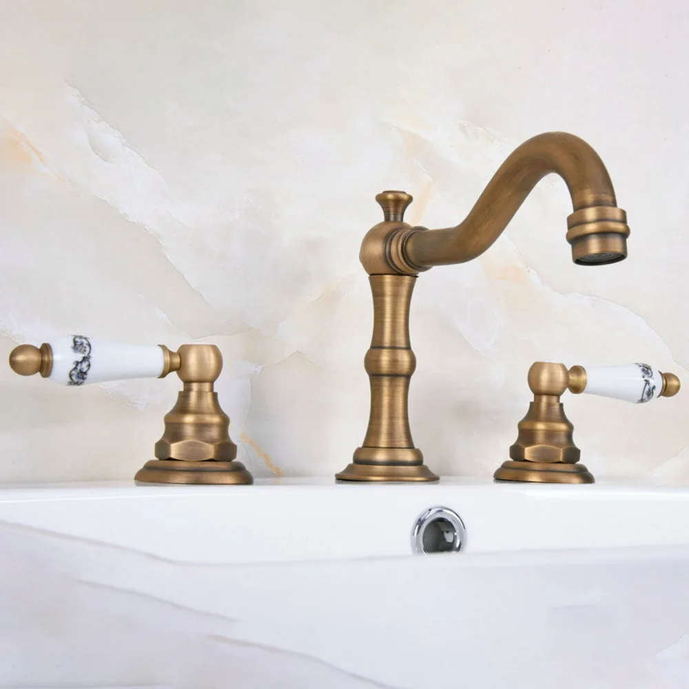 

Vintage Retro Antique Brass Deck Mounted Dual Handles Widespread Bathroom 3 Holes Basin Faucet Mixer Water Taps Lan072