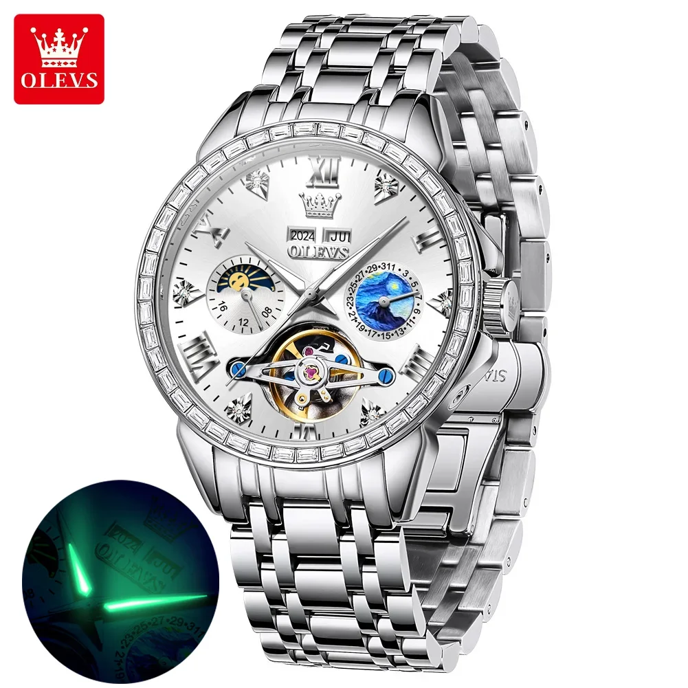 

OLEVS 6712 Watches for Man Diamond Bezel Luxury Skeleton Flywheel Automatic Mechanical Men's Watches 24 Hrs Moon Phase Man Watch