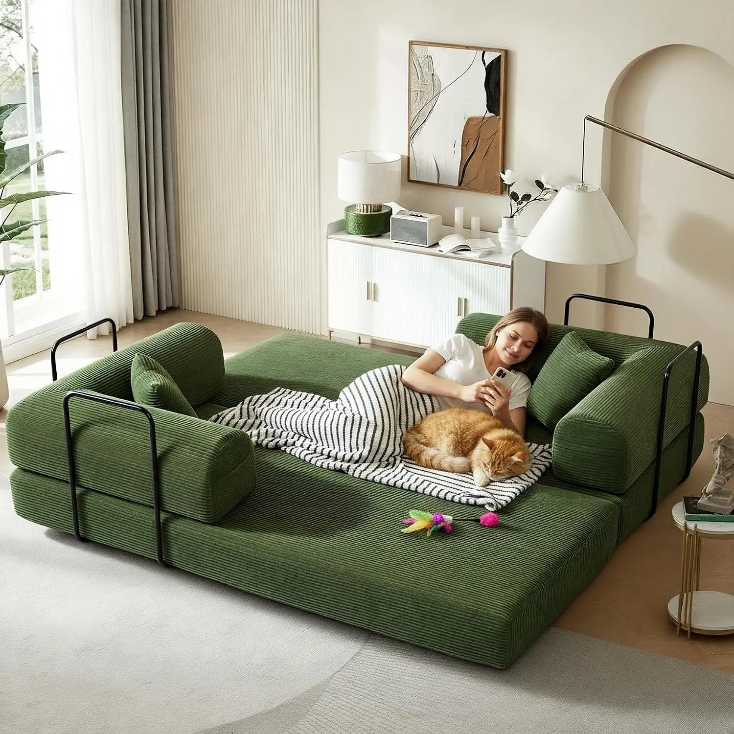 80 Inch Convertible Sofa Bed, Fixed Frame, High Density Foam Corduroy, Easy Assembly, Living Room Bedroom, Customized