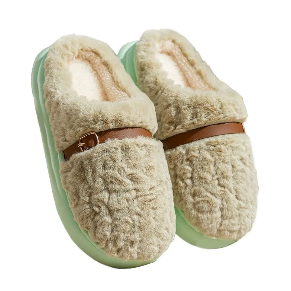 

Patchwork Plush Warm Slippers Thick Sole Non-Slip Winter Indoor Slippers Homewear Shoes Durable Soft Home Slippers Women Men