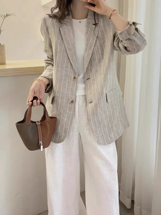Women's Linen Suit Jacket Casual Loose Fit Thin Cotton Linen Stripe Patterned Spring Summer New Style High End Feeling