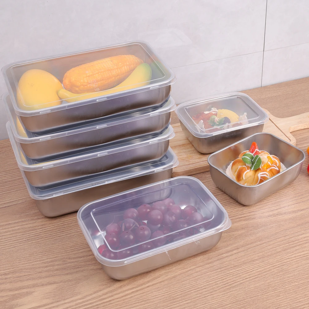 Stainless Steel Food Storage Box Fresh-keeping Box Lid Rectangle Sausage Noodles Fruit Dish with Cover Food Storage Containe