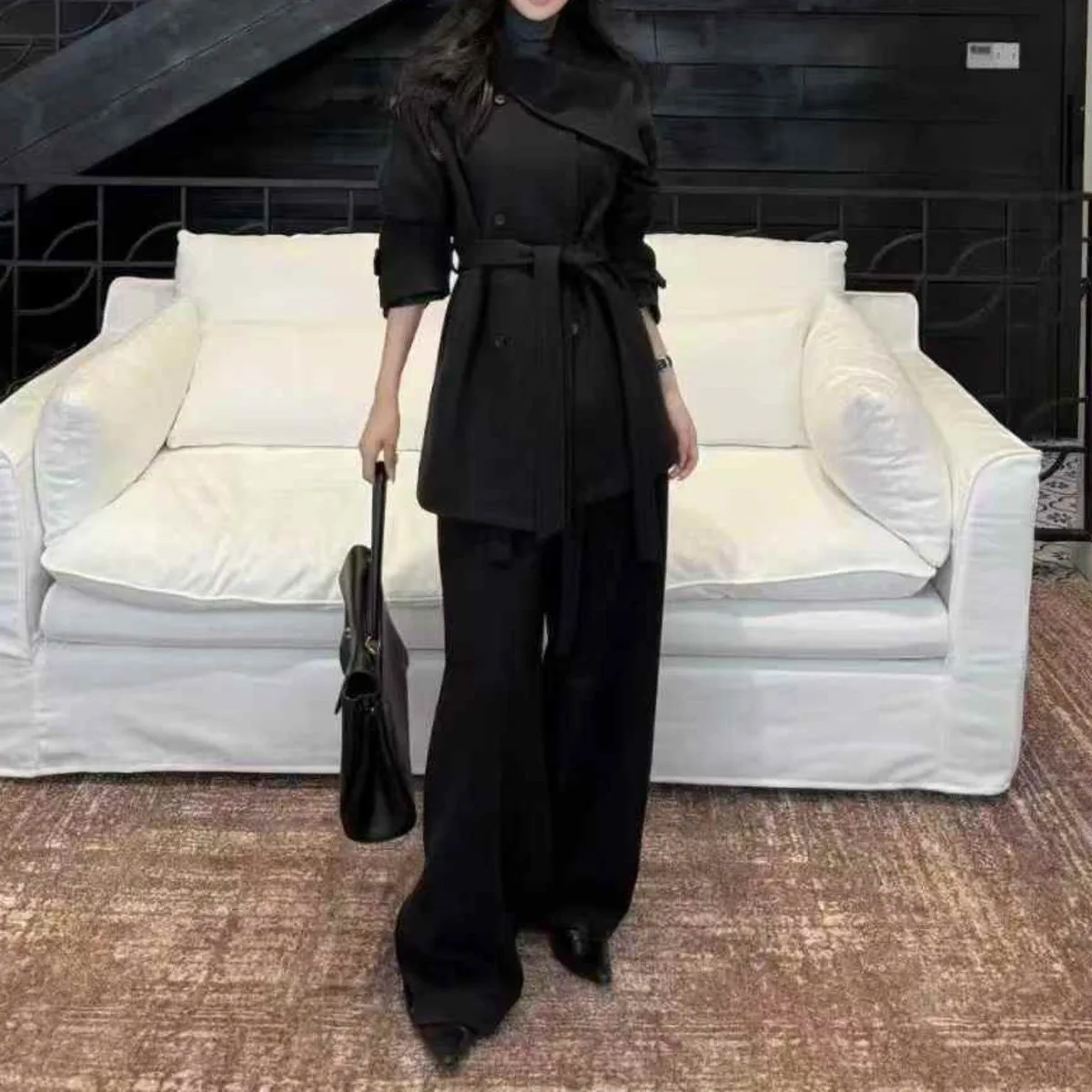 BJTZ-Chaqueta de Tweed gruesa para mujer, abrigo corto, chaqueta informal con cinturón y solapa de gran tamaño, ropa elegante de oficina de lujo de alta calidad, 2025